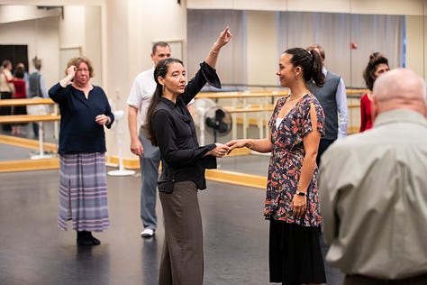 Images of Sharna Fabiano teaching tango, and two of her posing outside.