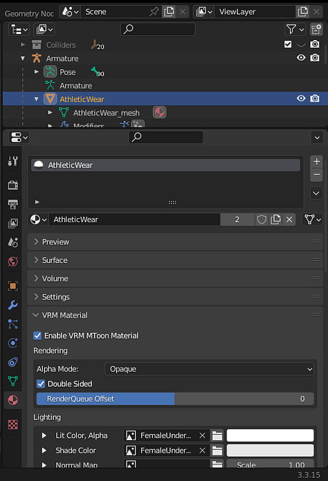 The object 'AthleticWear' is selected in Blender Outliner. Setting armature and material step-by-step.