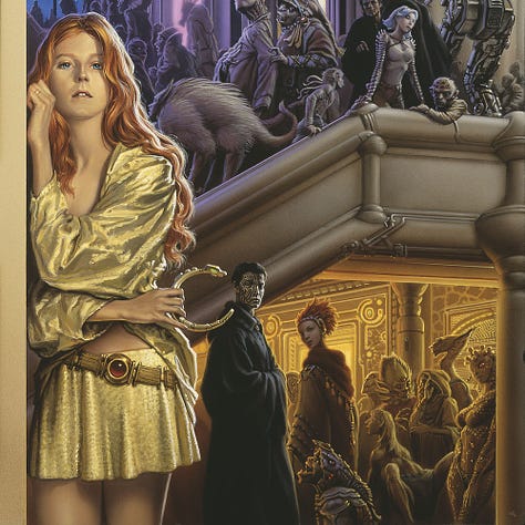 LEFT: Detail from THIS ALIEN SHORE featuring a young woman in a shimmering gold miniskirt. Her belt hangs diagonally across her hips. The buckle is a shiny red orb with the lower deck of the spaceport. She leans against the wall with fingers curled as one hand rests against the surface while her other hand crosses her body pointing right. The c-shaped gadget she holds directs the eye to a man in black robes. His face is disfigured with a pattern of lines like a maze. Below the stairs, a cast of alien figures are bathed in warm light. CENTER: Detail from THIS ALIEN SHORE featuring the view past the young woman to the winding stairs, purple tinted facade of the spaceport interior, and a tall arched window with a view of a rotating space station beyond. A cast of alien characters occupy the stairs including an ogre-like couple. The man stops, craning his long neck as his wife grabs his elbow and says something to him. Three men in black cloaks with a pattern of lines on their faces point to the main character.  RIGHT: Closer detail from THIS ALIEN SHORE featuring a close look at the cast of alien characters loitering on the stairs. A seedy looking alien drapes his elbow over the railing and glance over to the main foreground left. Next to him an attractive female with white shoulder length hair anchors at the ledge with arms wide and palms down as she gazes down to the right. Her arms are covered with ringed metal that flourishes at the round of her shoulder in shorter protrusions. Behind her, three men, whose faces are disfigured with a maze-like pattern, stand out in black robes. As they converge scanning the crowd in different directions, one points to the main figure in the foreground left. A mechanized man with human face and robot body—the bottom half with oversized—can be seen from behind. On what should be his trunk is etched the artist's sigil, the letters M and W combining inside a circle.