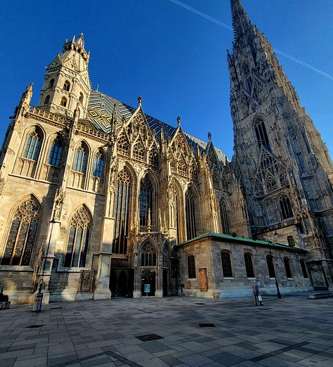 Photos of the exterior and interior of the Stephansdom, a 14th century Gothic cathedral in Vienna.