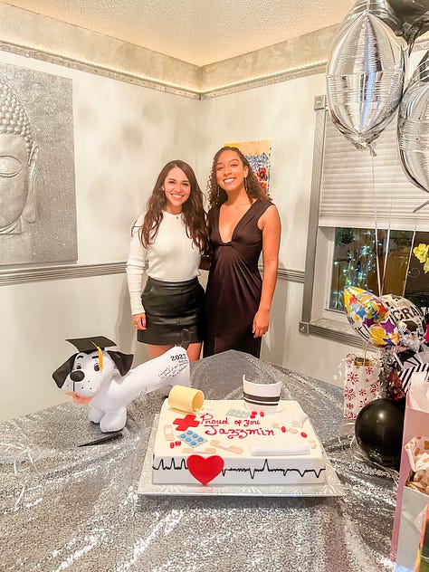 Photo of woman carrying baby boy in her lap with her grandma holding baby's hand; toddler playing with her baby brother on a bed; toddler playing with a bunny rabbit who peeks out from underneath a bed; Two women standing posing at a graduation party in front of a table with a cake, balloons and gifts; a 2-3 foot sized pan of rice with chicken and vegetables; view from a driver's side window of a horse and carriage on the side of a tree-lined neighborhood street; a water bottle with stickers and placeholders for stickers of U.S. National Parks; a photo of a desk with journal, photos, a camera, laptop and other items strewn about; a photo of a cloudy sky where the sky looks like bunches of cotton balls, with the tops of palm trees and city buildings in the latter half.