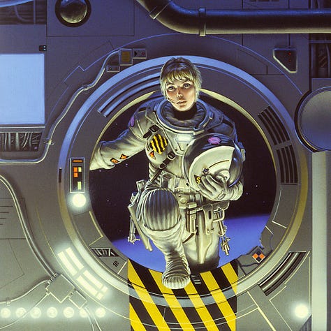 LEFT: Detail from DISTANT STARS featuring the female astronaut bracing herself with one arm on the porthole and a foot resting on yellow and black caution markings, which angle down the bulkhead in a pattern from left to right. In her opposite arm, she cradles the helmet of her spacesuit. At the top of the helmet, the artist’s sigil is emblazoned in glowing purple. CENTER: Preliminary sketch of the female astronaut with notes in the margin including, "Everything in fabric covered except outlets for hoses, plastic. Strap-catch grommet, rivets, snaps." RIGHT: Detail from DISTANT STARS featuring a male astronaut stepping through the porthole while gripping the sides with both hands. Yellow and black caution markings angle down the bulkhead in a pattern from right to left.