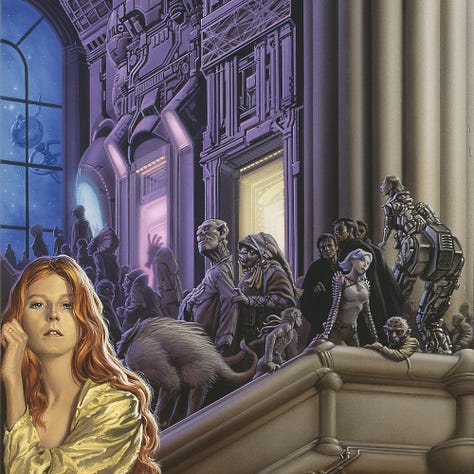 LEFT: Detail from THIS ALIEN SHORE featuring a young woman in a shimmering gold miniskirt. Her belt hangs diagonally across her hips. The buckle is a shiny red orb with the lower deck of the spaceport. She leans against the wall with fingers curled as one hand rests against the surface while her other hand crosses her body pointing right. The c-shaped gadget she holds directs the eye to a man in black robes. His face is disfigured with a pattern of lines like a maze. Below the stairs, a cast of alien figures are bathed in warm light. CENTER: Detail from THIS ALIEN SHORE featuring the view past the young woman to the winding stairs, purple tinted facade of the spaceport interior, and a tall arched window with a view of a rotating space station beyond. A cast of alien characters occupy the stairs including an ogre-like couple. The man stops, craning his long neck as his wife grabs his elbow and says something to him. Three men in black cloaks with a pattern of lines on their faces point to the main character.  RIGHT: Closer detail from THIS ALIEN SHORE featuring a close look at the cast of alien characters loitering on the stairs. A seedy looking alien drapes his elbow over the railing and glance over to the main foreground left. Next to him an attractive female with white shoulder length hair anchors at the ledge with arms wide and palms down as she gazes down to the right. Her arms are covered with ringed metal that flourishes at the round of her shoulder in shorter protrusions. Behind her, three men, whose faces are disfigured with a maze-like pattern, stand out in black robes. As they converge scanning the crowd in different directions, one points to the main figure in the foreground left. A mechanized man with human face and robot body—the bottom half with oversized—can be seen from behind. On what should be his trunk is etched the artist's sigil, the letters M and W combining inside a circle.