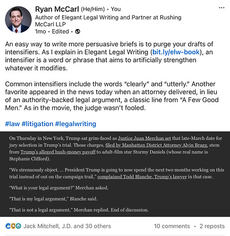 Ryan McCarl’s recent legal writing tips on LinkedIn