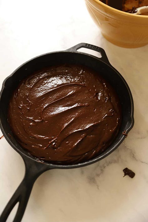 6 process shots of making a brownie skillet cake