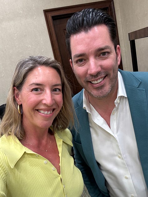 A photo of Molly with Jonathan Scott, one half of the HGTV Property Brothers franchise; a luxurious cake plate including chocolate covered bacon and a candied apple; Molly standing next to a seven foot tall guy in a Transformers robot suit surrounded by neon lights at a party.