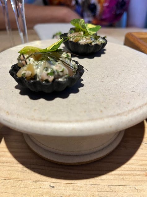 Images from inside The Small Holding with our menu, and example dishes, Halibut, Courgette & Basil (centre, bottom row); Garden Berries and Herbs (left bottom), and Scallop, Kohlrabi and Elderflower (right, centre) © The Lemon Grove