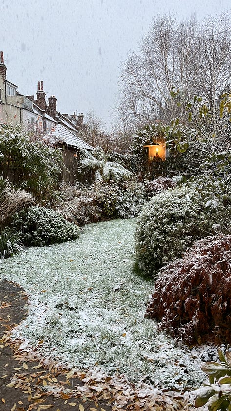 Autumn at home — paper pleated decorations, afternoon light, a dusting of snow.