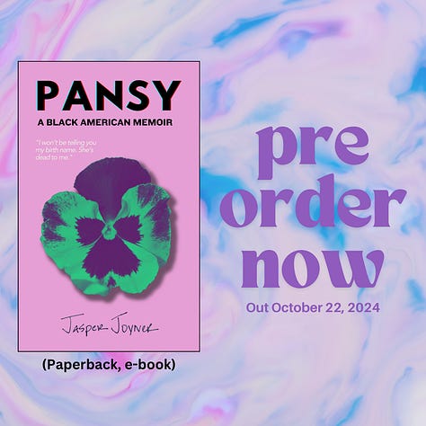 three graphics read "Pansy: A Black American Memoir, pre-order now. Paperback, ebook and hardcover featured