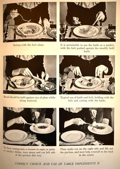 A woman is pictured at a meal we can only see her torso with a focus on her hands as they interact with different elements of the meal from serving to using utensils. 