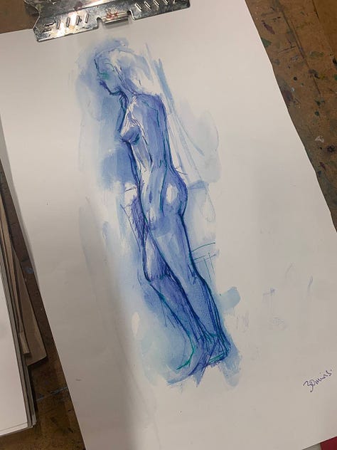 Life drawing of female nude model in Wales