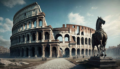 Midjourney prompt: all roads lead to rome during roman empire era triumphant volumetric
