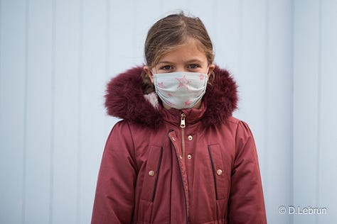 Triptych of a young girl wearing the facial mask, taking it off and without it. 