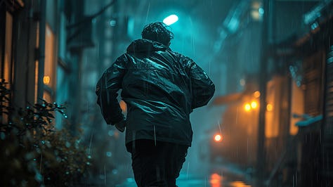 A cinematic still of a man running through a narrow alleyway at night, close-up shot, cool blue and green lighting with high contrast, urgent and thrilling escape scene, shot on an Arri Alexa, 8K.