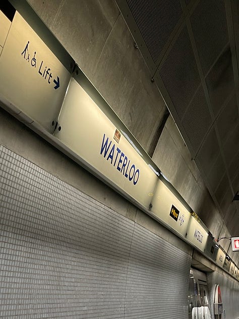 Pictures of Baker St underground sign, a long walkway through the tube tunnels and a photo or the Waterloo station sign