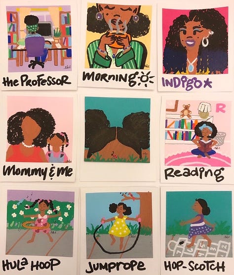 Image 1: Ravynn's Polaroid girls illustrated with POSCA pens; image 2: paper craft dolls inspired by Vashti Harrison; Image 3: Black Women Writers notecards; image 4: a small wellness comic illustrated by Ravynn in POSCA pen; image 5: a set of five canvases that are illustrated renditions of specific albums for Micah Watson; image 6: four hand bound journals, one black, one in a floral print and two purple; image 7: Four black mugs with various colors on the inside that read "Afrofuturist" in metallic stickers on the outside; image 8: two charms filled with resin covering four leaf clovers; image 9: the inside of a zine/comic.