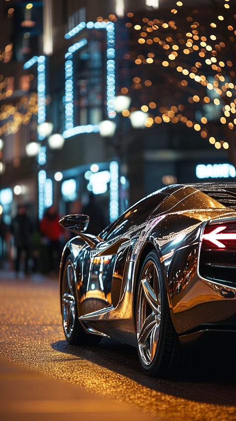 Shiny sports car under city lights