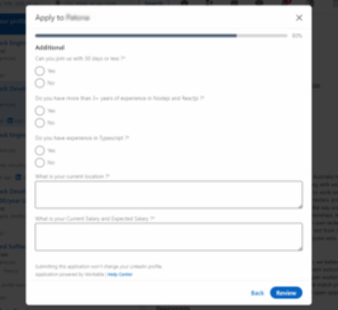 LinkedIn Application form in a Modal