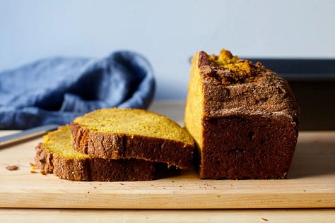 photos of pumpkin bread, salted brown butter crispy treats, and zucchini butter spaghetti