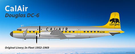 A selection of former CalJet aircraft in pre-current liveries, including 1) Douglas DC-3), 2) Douglas DC-6, 3) Lockheed L-1049 Super Constellation, 4) Boeing 707-320B, 5) Boeing 727-200 Advanced, 6) Douglas DC-9-30, 7) Boeing 757-200, 8) Fokker 70, and 9) Fokker 100 - all shown in side view.