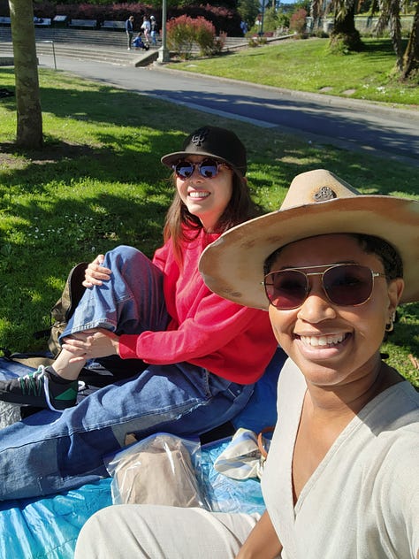 Alexis, a black woman, is accompanied by three other women in three photos, a black woman with a black tank top and black hair named Eli, a white woman named Justice with blonde hair and a floral top, and a  Chinese woman named Sarah who is wearing a red sweater and sunglasses (respectively)