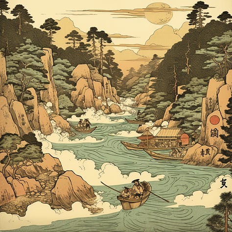 Mansion, bicycle, river ukiyo-e art by Midjourney