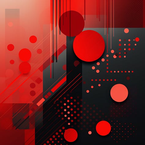 Teal and brown triangles / blue squares / red dots geometric background