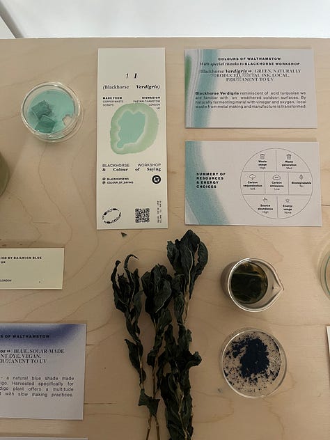 1-3. Colours of Walthamstow colour samples on paper with ingredients, including turmeric, elderberry, denim waste, verdigris and indigo.