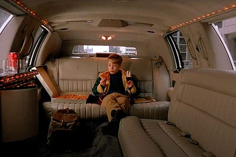 Macaulay Culkin in a Limo eating pizza and coke, with Rob Schneider in Home Alone and Home Alone 2: Lost in New York (1990 + 1992) | Film Flavor: A Newsletter Surveying Food in Film