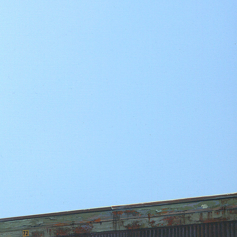 LEFT: Detail from ELLIE'S DREAM featuring a girl staring at the gibbous moon, white against clear blue sky. Her arms are locked in extension as she steadies herself at the top of a tube of metal scaffolding that reaches up into the sky so that she is almost on level with the moon. Her blonde hair is tousled by the wind. The view is from behind so we don't see her face. She wears a pink t-shirt, faded blue jeans, and white sneakers, giving the impression that she could be any girl. CENTER: Detail from ELLIE'S DREAM featuring the framework of a winding metal tube that snakes up into the clearest blue sky. While there is some uniformity in the rings structuring the tube inside, there are odd sized pieces and overlap, giving the impression that this has been somehow improvised. RIGHT: Detail from ELLIE'S DREAM featuring the bottom right of the painting where the top of a wall slopes gently into the frame. The paint is warped and rust is showing through. The number "72" is labeled in black numbers on yellow background, a small marker of our last visit to the moon. The artists initials (not a full sigil) can be see in white on the top border of the wall.