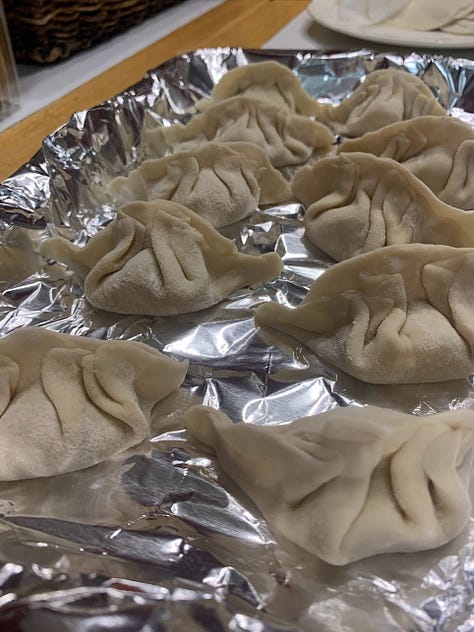 Dumpling dough; rolled dumpling skins, filling and folding and frying the dumplings