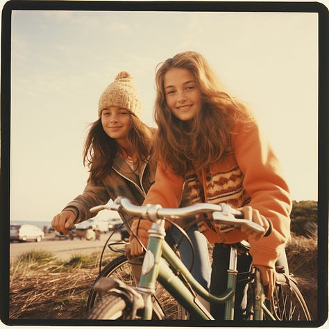 Polaroid photos of Teens on bikes, nightclub party, cat in a tree made in Midjourney