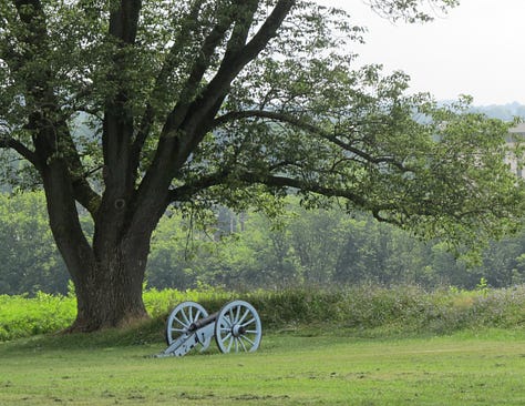 Pictures from Valley Forge Historic National Park in Valley Forge, Pa., including George Washington's headquarters, soldiers log huts, the Memorial Arch, the parade field, and a cannon next to an old tree.