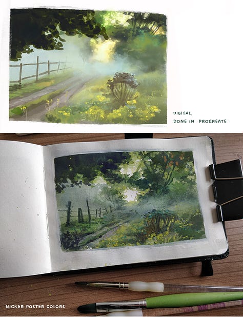 Both digital and traditional studies and illustrations of misty scenarios