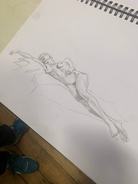 Life drawing of female nude model in Wales