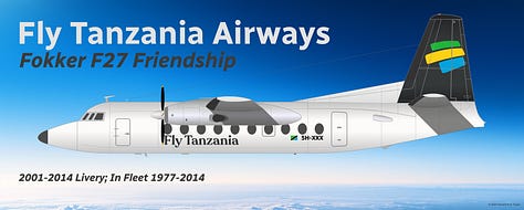 A selection of former aircraft used by Swahili Coast Airlines and its immediate predecessor, Fly Tanzania Airways: 1) Douglas DC-9-30, 2) Fokker F27 Friendship, 3) de Havilland DHC-6 Twin Otter, 4) Bombardier CRJ200, 5) Bombardier Dash 8 Q300, and 6) Cessna 208B Grand Caravan - all shown in side view.A selection of former aircraft used by Swahili Coast Airlines and its immediate predecessor, Fly Tanzania Airways: 1) Douglas DC-9-30, 2) Fokker F27 Friendship, 3) de Havilland DHC-6 Twin Otter, 4) Bombardier CRJ200, 5) Bombardier Dash 8 Q300, and 6) Cessna 208B Grand Caravan - all shown in side view.