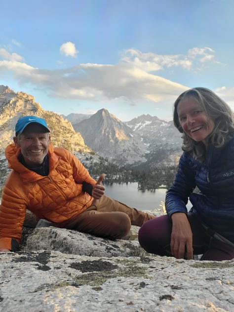 Mel and John looking back at Frog Lake and Forester Pass, granite over Kearsarge Pass, road from Independence headed north