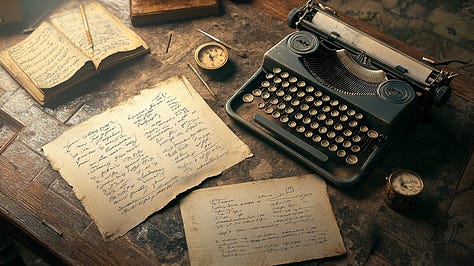 A still life of a typewriter with handwritten notes, portrayed through a Polaroid emulsion lift on aged canvas, with visible brush strokes and faded sepia lighting.