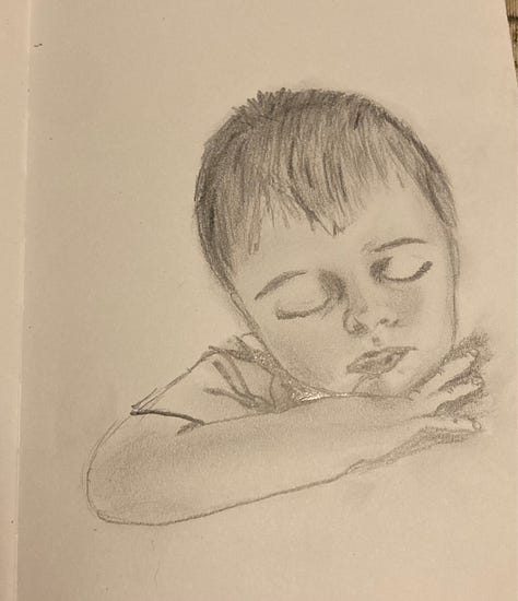 Hand-drawn sketches of a little boy, a sleeping toddler, a toad, a hedgehog, a bunny, a bear cub, and a fox