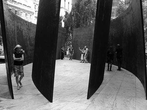 six images of Richard Serra's sculptures in the sculpture garden at the Museum of Modern Art in New York City, 2007