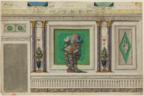 Highly varied images of historic art from the National Gallery archives, including marine crustacean colour sketches, sketches of women's faces, a painting of some ornate roccoco wall design, some more colour animal sketches but with butterflies, catepillars and grasshoppers next to a bright pink flower, plus some hands clasped together in charcoal.