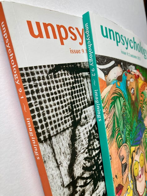 Shows more images from the second Imaginings edition of Unpsychology, together with images of the two magazines side by side.