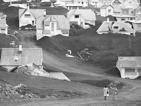 Images of Heimaey after 1973 Eldfell eruption (wikicommons)