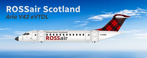 The current ROSSair Scotland fleet: 1) Aria T42 Transonic, 2) Aria T102 Transonic, 3) Aria V42 eVTOL, 4) Aria V42qc eVTOL Combi, 5) Aria V12c eVTOL Combi Air Ambulance, 6) ATR 42, 7) ATR 72, 8) Britten-Norman Islander, 9) de Havilland DHC-6 Twin Otter.