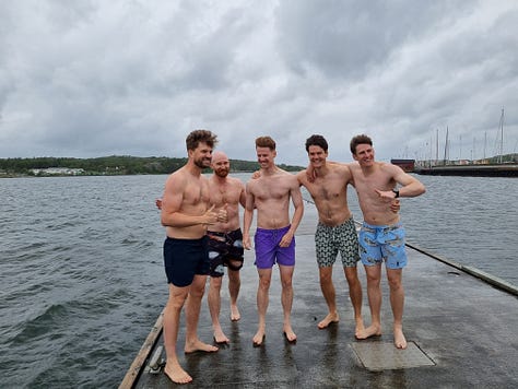 Photo 1: five men in boardshorts about to jump off a pier. Photo 2: a twilight photo of Donso harbour. Photo 3: Louis, Lauren, Dave and Aisling in jackets looking wind blown.