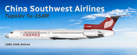 A selection of aircraft types formerly used by China Southwest Airlines: 1) Boeing 707-120; 2) Boeing 707-320B, 3) Tupolev Tu-154M, 4) Boeing 757-200, 5) Boeing 767-300ER, 6) Boeing 737-800, 7) Sukhoi SSJ100, 8) Tupolev Tu-214.