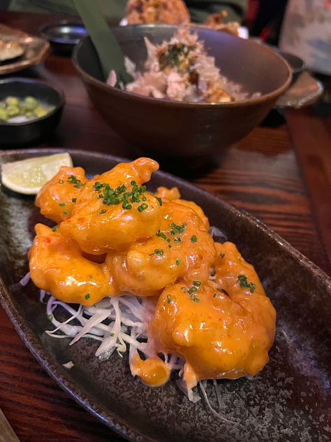 Grilled miso aubergine, firecracker prawns, and karaage