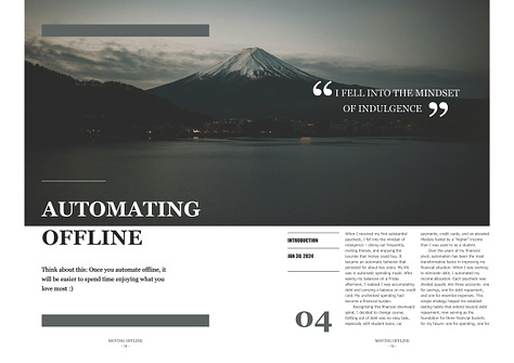 A magazine layout for the moving offline newsletter printed edition