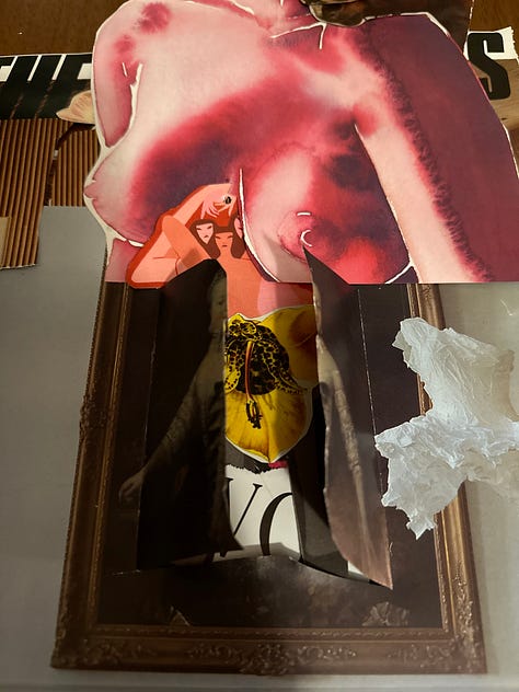 Three images of collage depicting window opening with figure of woman and horse behind it
