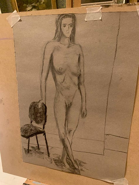 Life drawing of female nude model in Wales